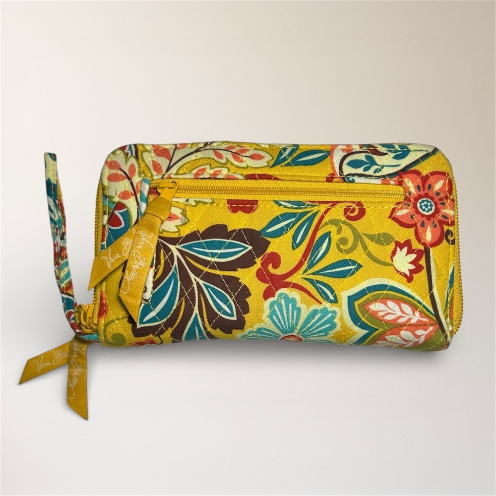 Vera Bradley Floral Quilted‎ Zip Around Wallet Yellow Cotton Boho Wristlet
